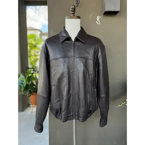 Vintage 90s Y2K Boston Harbour Men’s XL Brown Genuine Leather Jacket Motorcycle - Picture 1 of 9